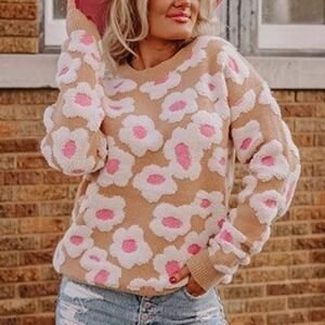 NWT &merci Floral Daisy Knit Sweater Tan Pink White Crew‎ Neck Size Large
